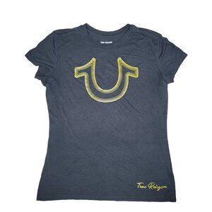 True Religion Black Graphic Tee With Yellow Horseshoe Logo Women's Medium